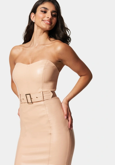 Shop Bebe Vegan Leather Sweetheart Neck Mini Dress In Frappe