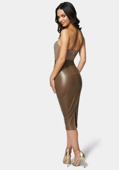 Shop Bebe Vegan Leather Belted Strapless Midi Dress In Coca Mocha