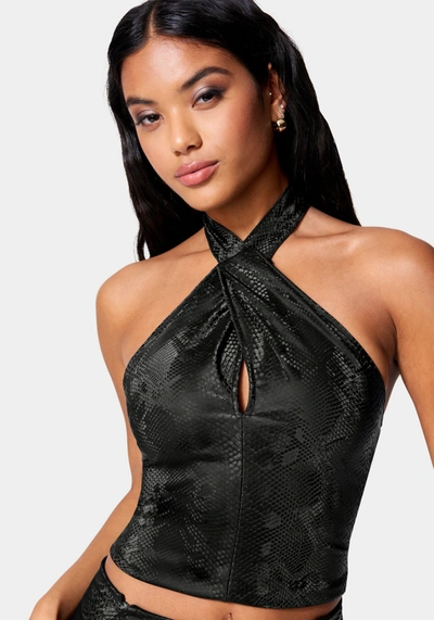 Bebe Vegan Leather Cross Front Top In Black