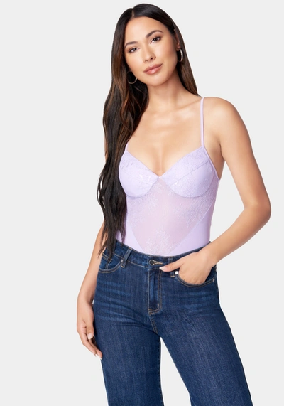 Shop Bebe Lace Detail Bodysuit In Lavender