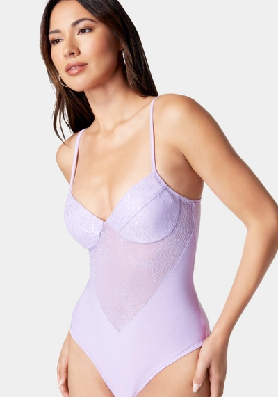 Shop Bebe Lace Detail Bodysuit In Lavender