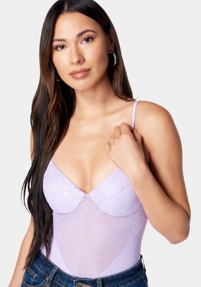 Shop Bebe Lace Detail Bodysuit In Lavender