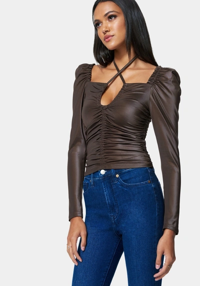Bebe Puff Sleeve Coated Ruched Top In Coffee Bean
