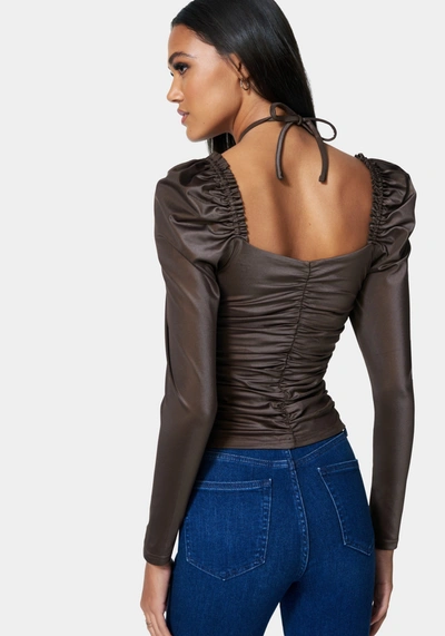 Bebe Puff Sleeve Coated Ruched Top In Coffee Bean