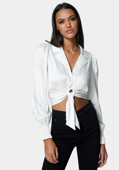 Shop Bebe Ring Tie Front Jacquard Top In White Alyssum