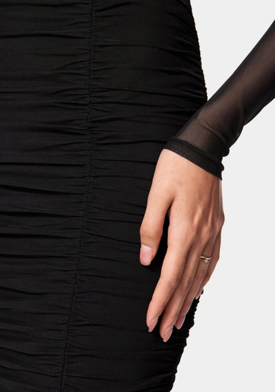 Shop Bebe Ruched Mesh Midi Skirt In Black