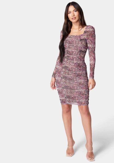 Bebe Ruched Mesh Puff Sleeve Bodysuit In Multi Snake Print