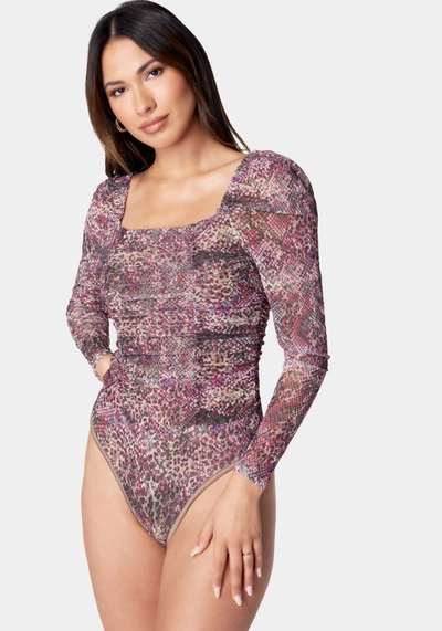 Bebe Ruched Mesh Puff Sleeve Bodysuit In Multi Snake Print