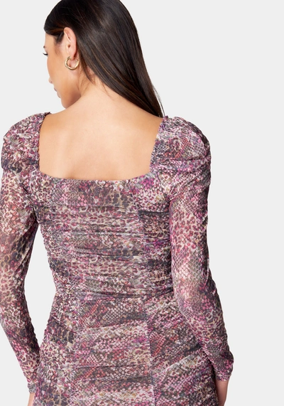Bebe Ruched Mesh Puff Sleeve Bodysuit In Multi Snake Print