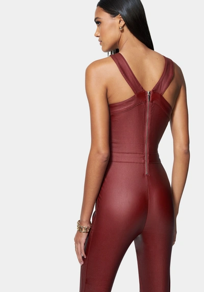 Bebe Wide Leg Snap Detail Coated Denim Jumpsuit In Bloodstone