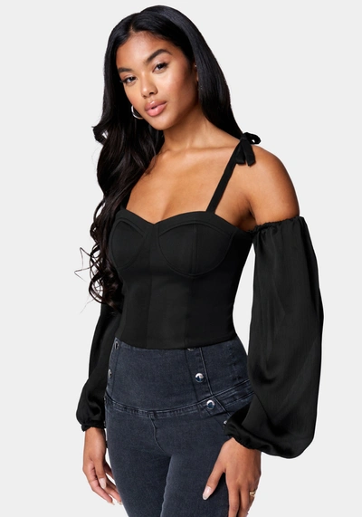 Bebe Mesh Combo Front Twist Knit Bodysuit In Black