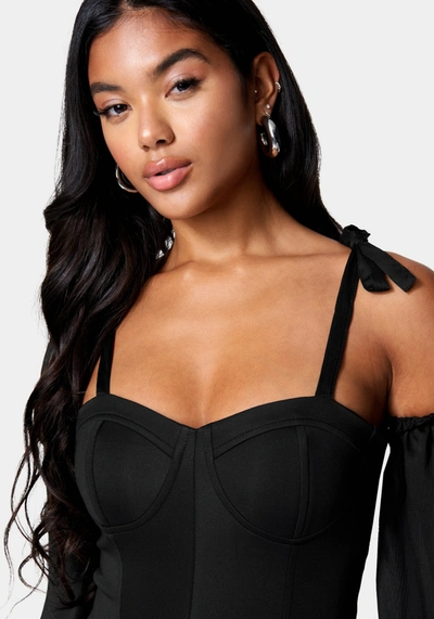 Bebe Mesh Combo Front Twist Knit Bodysuit In Black