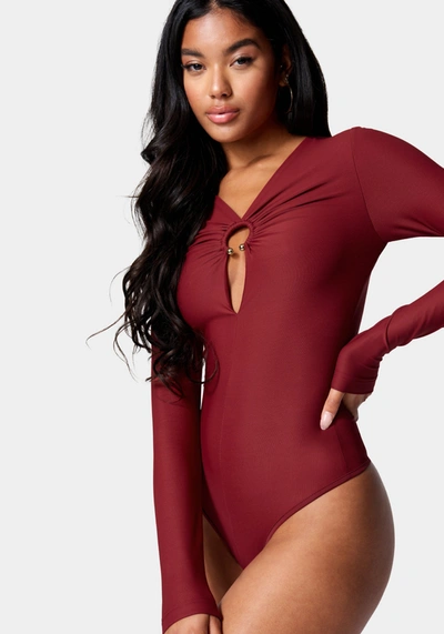 Bebe Ring Detail Long Sleeve Bodysuit In Bloodstone