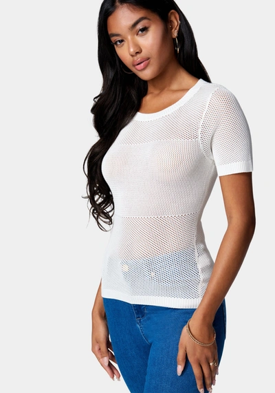 Bebe Open Knit Short Sleeve Sweater In White Alyssum