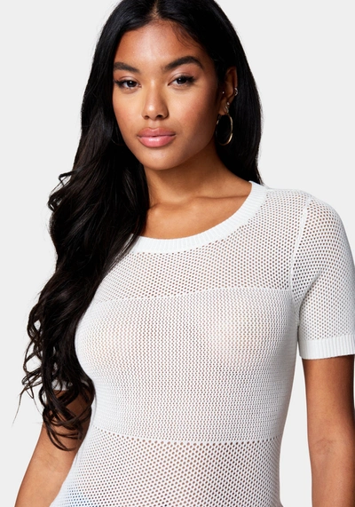Bebe Open Knit Short Sleeve Sweater In White Alyssum
