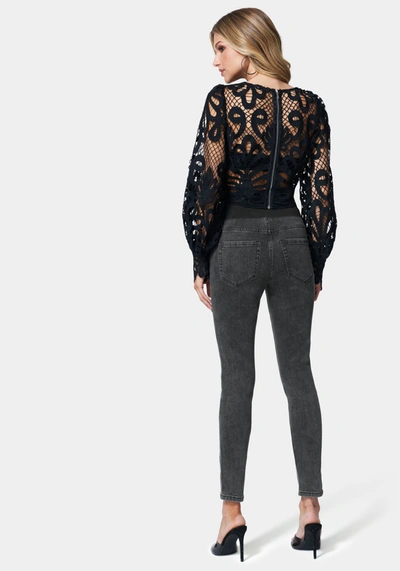 Shop Bebe Zip Front Elastic Skinny Jean In Black Charcoal Wash