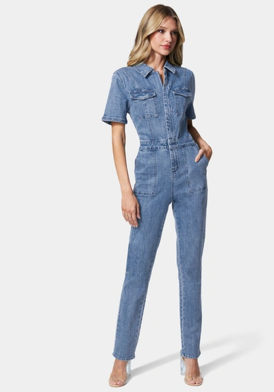 Bebe Straight Leg Zip Front Denim Jumpsuit In Medium Blue Wash