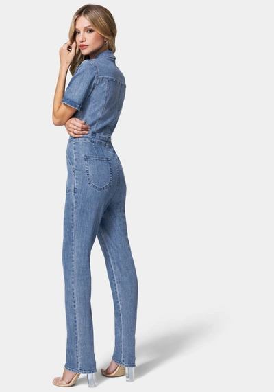 Bebe Straight Leg Zip Front Denim Jumpsuit In Medium Blue Wash