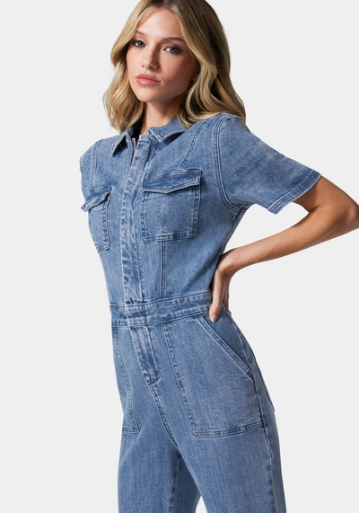 Bebe Straight Leg Zip Front Denim Jumpsuit In Medium Blue Wash