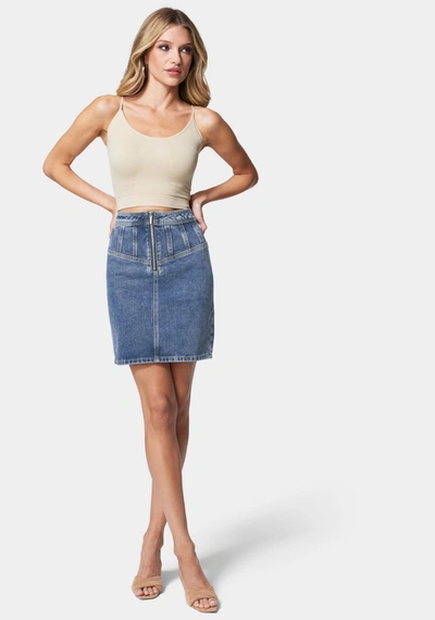 Shop Bebe Multi Seam Zip Front Denim Skirt In River Blue Wash