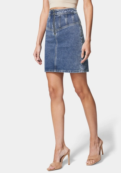 Shop Bebe Multi Seam Zip Front Denim Skirt In River Blue Wash