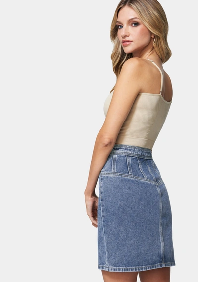 Shop Bebe Multi Seam Zip Front Denim Skirt In River Blue Wash