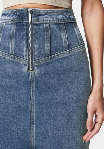 Bebe Multi Seam Zip Front Denim Skirt In River Blue Wash