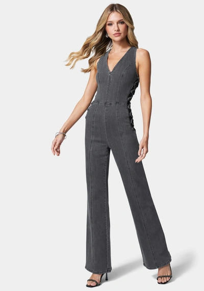 Bebe Lace Detail Corset Denim Jumpsuit In Black Charcoal Wash