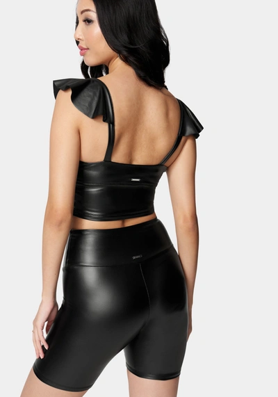 Bebe Coated Knit Ruffle Sleeve Top In Shiny Black