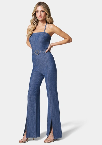 Bebe Front Slit Belted Wide Leg Denim Jumpsuit In Med Blue Wash