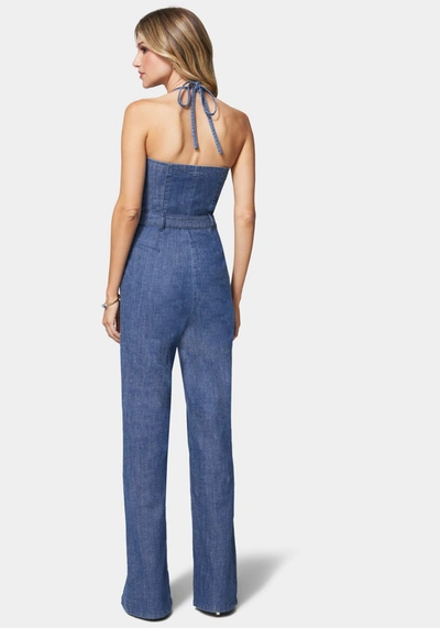 Bebe Front Slit Belted Wide Leg Denim Jumpsuit In Med Blue Wash