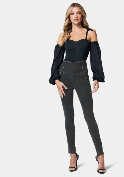 Shop Bebe High Waisted Button Detail Skinny Jeans In Black Charcoal Wash