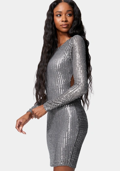 Bebe Open Back Sparkle Mini Dress In Charcoal