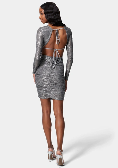 Shop Bebe Open Back Sparkle Mini Dress In Charcoal