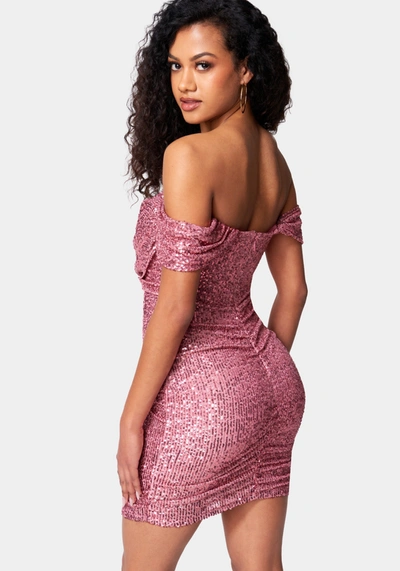 Shop Bebe Sequin Drapey Ruched Mini Dress In Mauvewood