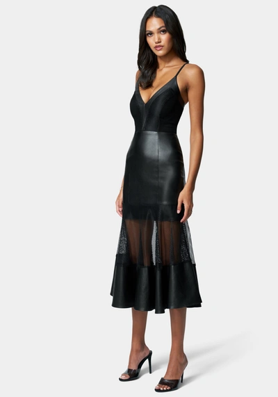 Shop Bebe Mesh And Vegan Leather Flare Dress In Jet Black