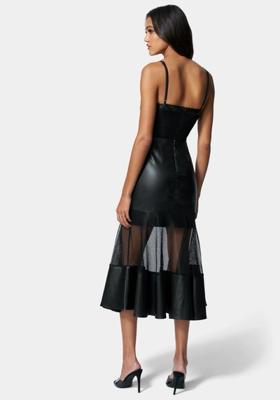 Bebe Mesh And Vegan Leather Flare Dress In Jet Black