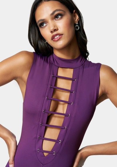 Bebe Caged Neck Choker Catsuit In Tillandsia Purple