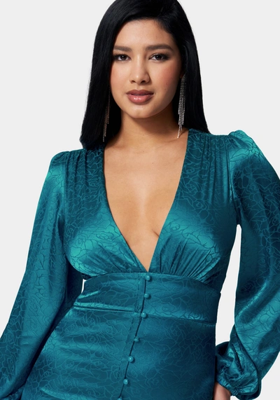 Bebe Satin Button Up Jacquard Mini Dress In Crystal Teal