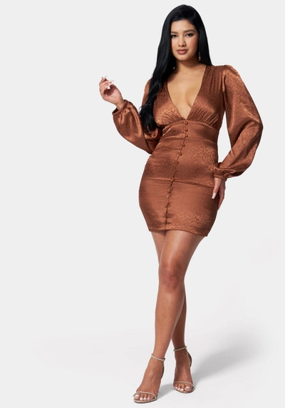 Shop Bebe Satin Button Up Jacquard Mini Dress In Copper Brown