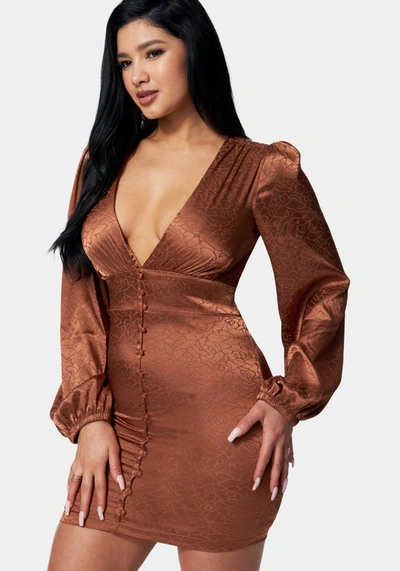 Shop Bebe Satin Button Up Jacquard Mini Dress In Copper Brown