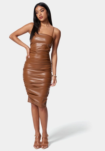 Bebe Ruched Midi Vegan Leather Dress In Copper Brown