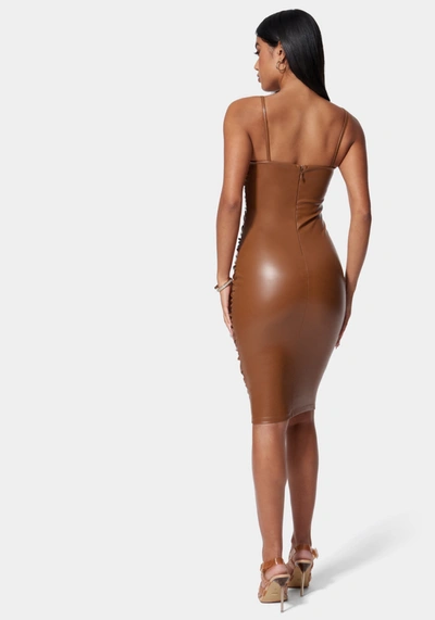 Bebe Ruched Midi Vegan Leather Dress In Copper Brown
