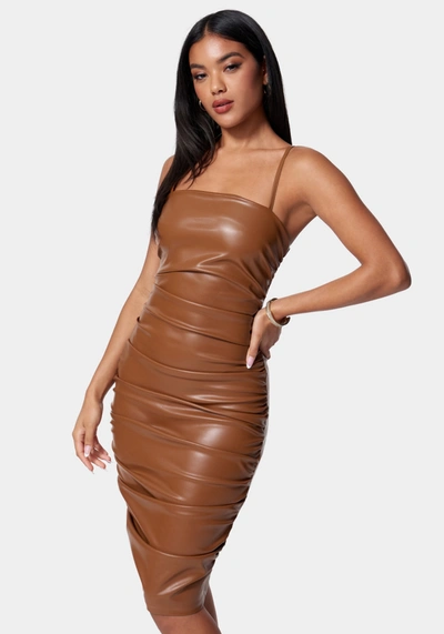 Bebe Ruched Midi Vegan Leather Dress In Copper Brown