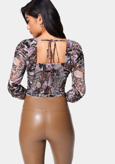 Bebe Puff Sleeve Ruched Woven Top In Multi Animal Print