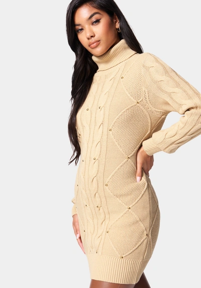 Shop Bebe Stud Detail Tunic Sweater In Oatmeal