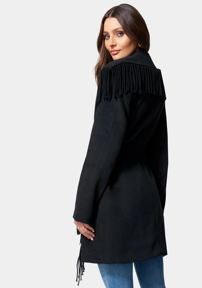 Shop Bebe Fringe Detail Tie Waist Wrap Coat In Black