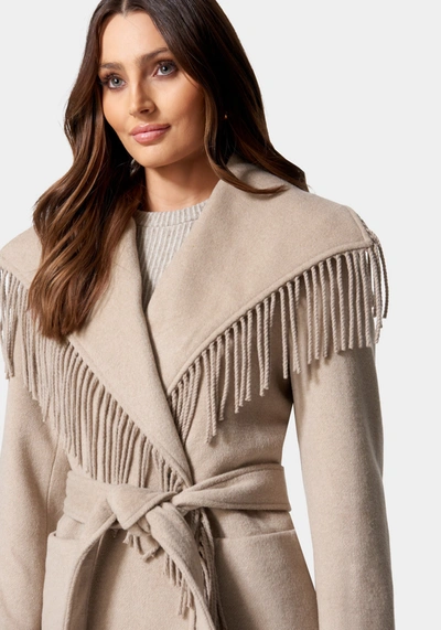 Shop Bebe Fringe Detail Tie Waist Wrap Coat In Camel