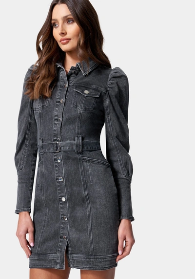 Bebe Puff Sleeve Button Down Denim Dress In Black Charcoal Wash