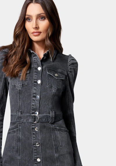 Shop Bebe Puff Sleeve Button Down Denim Dress In Black Charcoal Wash